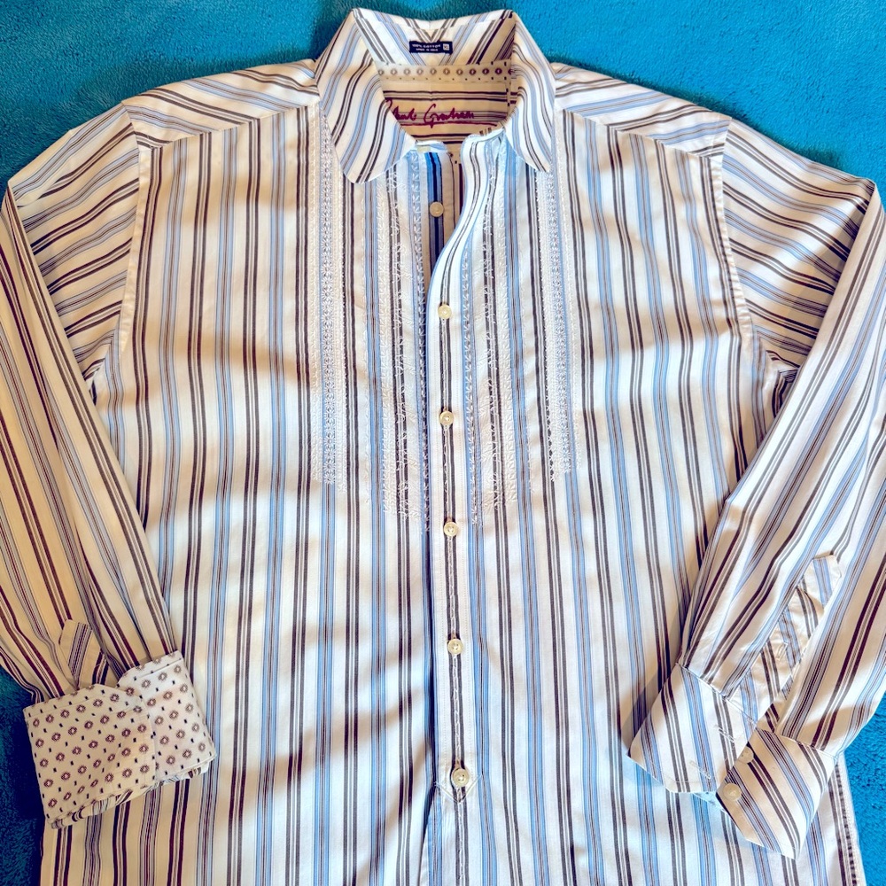 Robert Graham Blue and White Striped Men’s Dress Shirt XL Classic Fit